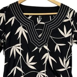 Talbots Embroidered Black White Bamboo 3/4 Sleeve Top Women's Small Cotton
